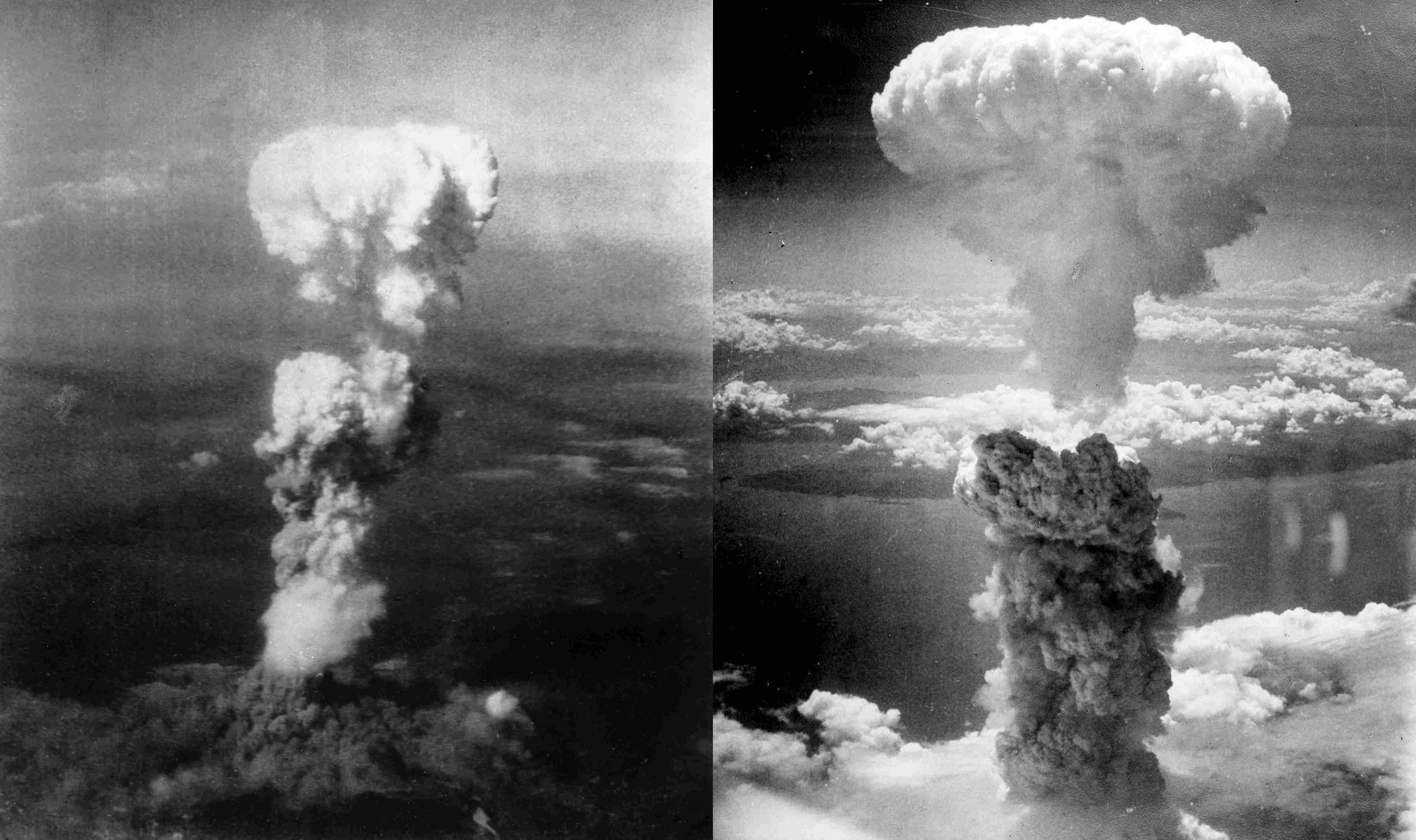Die Atombombenabw&uuml;rfe &uuml;ber Nagasaki (rechts) und HIroshima (links) forderten Hunderttausende Menschenleben. (Bild: Binksternet)