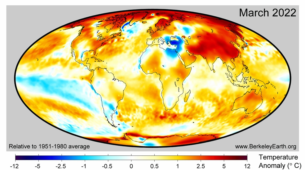 Die Welttemperaturen im M&auml;rz dieses Jahres. Weit &uuml;ber dem Durchschnitt lagen sie in in S&uuml;dasien und an den Polkappen. 