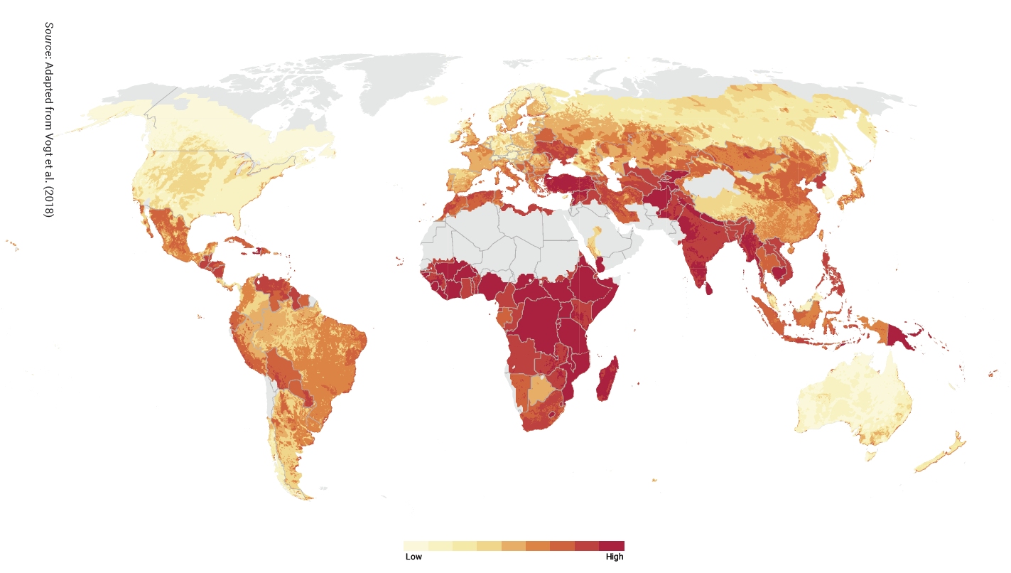 Je r&ouml;ter, desto gr&ouml;sser ist die D&uuml;rregefahr f&uuml;r Agrarfl&auml;chen. Am st&auml;rksten betroffen ist Afrika. 