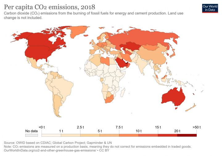Ein Vergleich der CO2-Emissionen pro Kopf zeigt den grossen Nachholbedarf der Vereinigten Staaten.