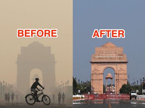 Das Kriegsdenkmal Indiagate am 17. Oktober 2019 und w&auml;hrend des Lockdowns am 8. April 2020 (Bild:amitabasu.com)