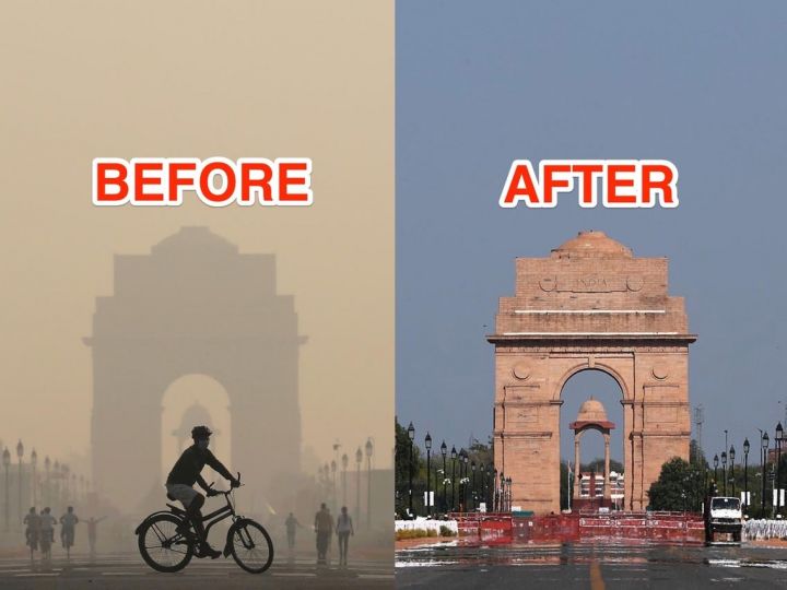 Das Kriegsdenkmal Indiagate am 17. Oktober 2019 und w&auml;hrend des Lockdowns am 8. April 2020 (Bild:amitabasu.com)